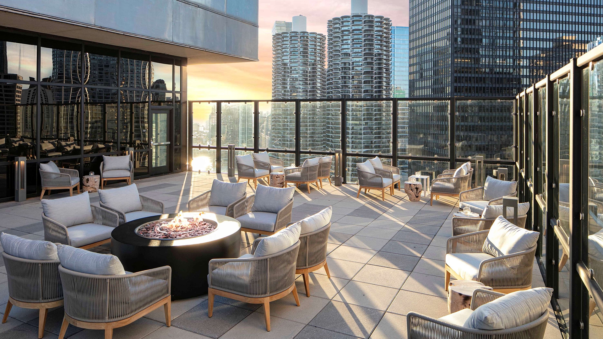 Terrace view at Royal Sonesta Chicago Downtown with city skyline backdrop.