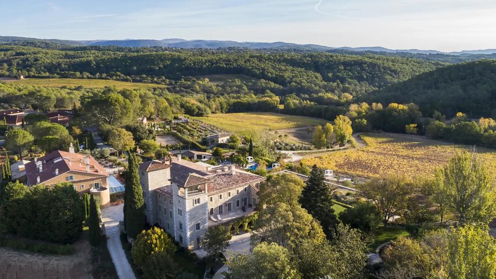 Aerial view of a luxurious vineyard estate in Provence, surrounded by lush greenery.