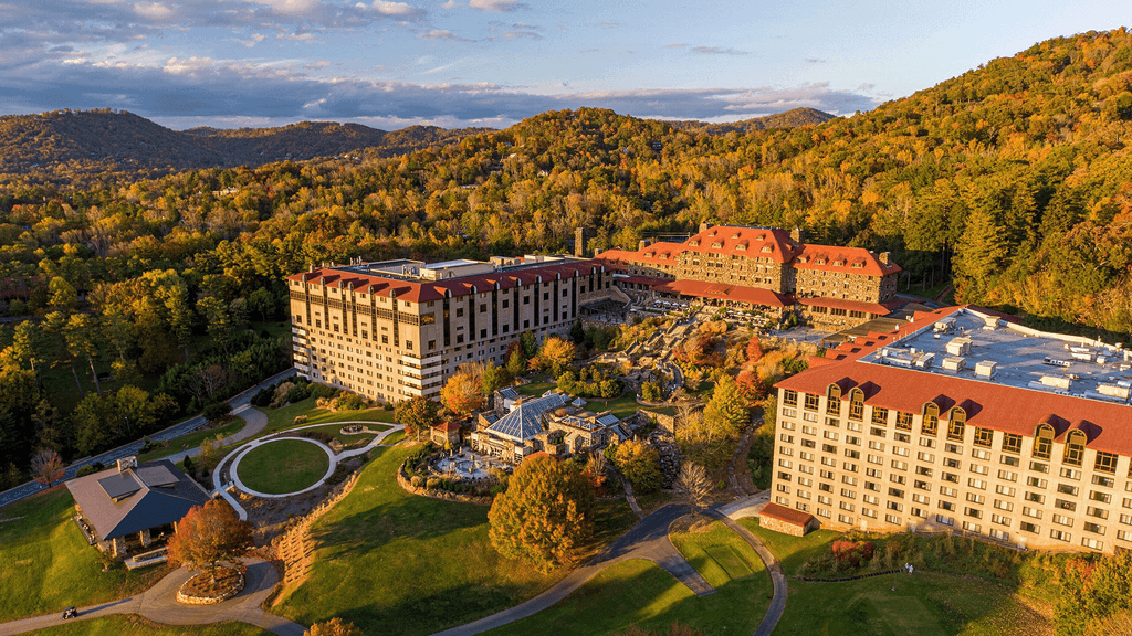 Historic resort in Asheville with a backdrop of the Blue Ridge Mountains.