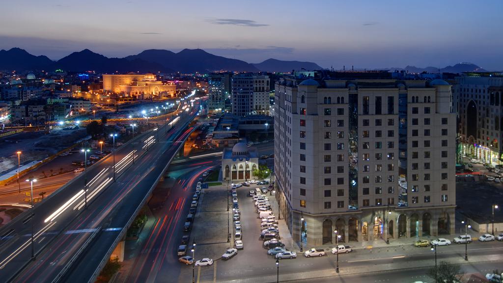 Night view of hotel in Medina near the Prophet's Mosque.