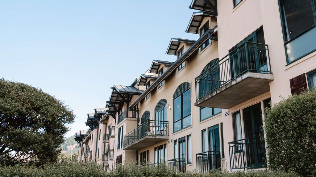 Exterior of Hotel St Moritz Queenstown overlooking Lake Wakatipu.