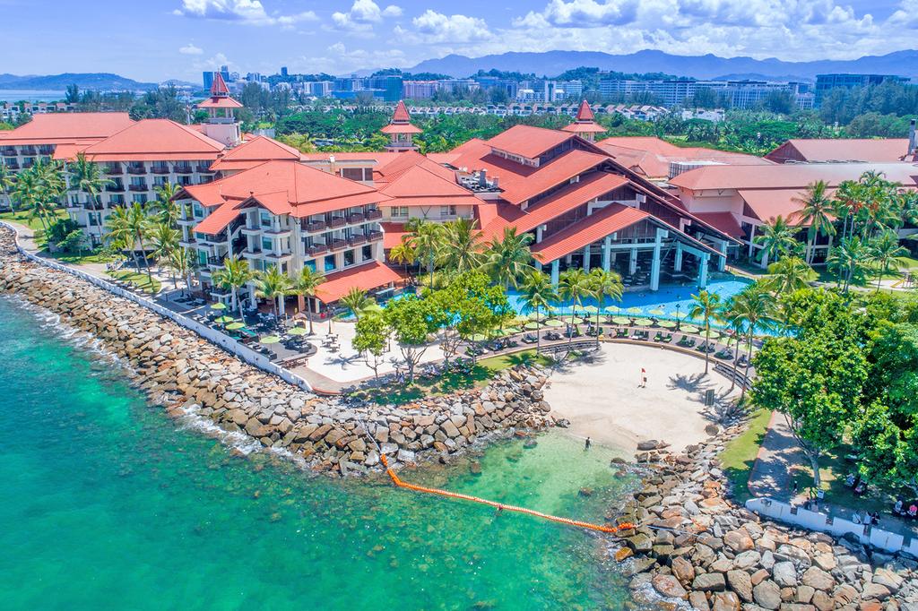 Aerial view of Magellan Sutera Resort by the sea in Kota Kinabalu. 