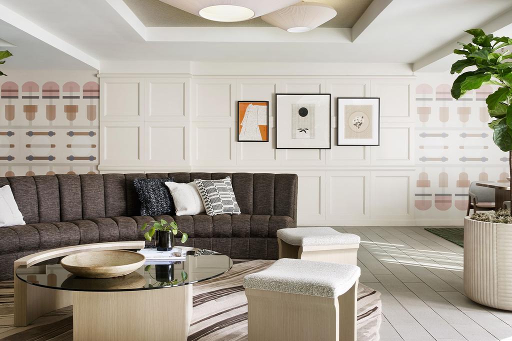 Minimalist lounge area in boutique-style hotel in Japantown, San Francisco.
