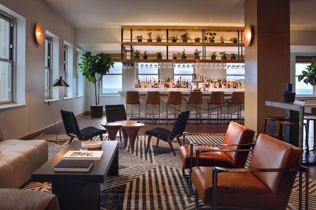 Stylish top-floor bar in Kimpton Harper Hotel, Fort Worth.
