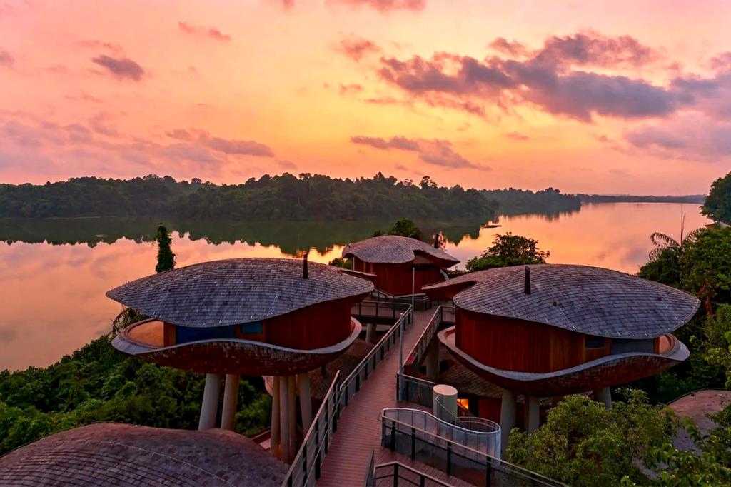Eco-luxury sanctuary in Singapore's Mandai Wildlife Reserve at sunset.