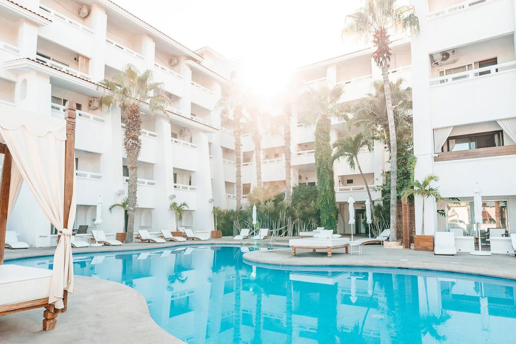Luxurious Bahia Hotel pool area with sun loungers and palm trees.