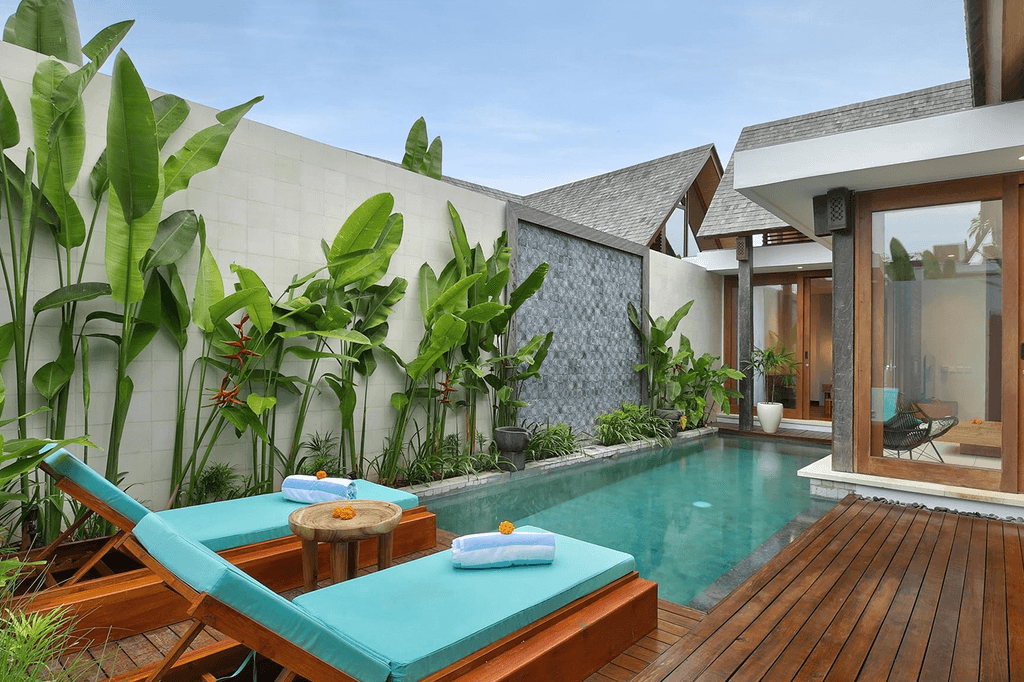 Private pool villa in Sanur with lush tropical greenery.