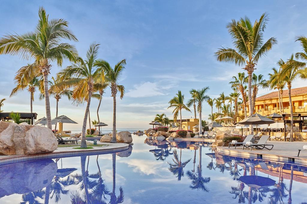 Luxurious resort pool surrounded by palm trees and sun loungers in Los Cabos.