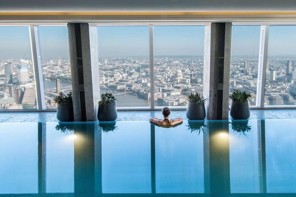 Infinity pool in Shangri-La The Shard with panoramic views of London skyline.