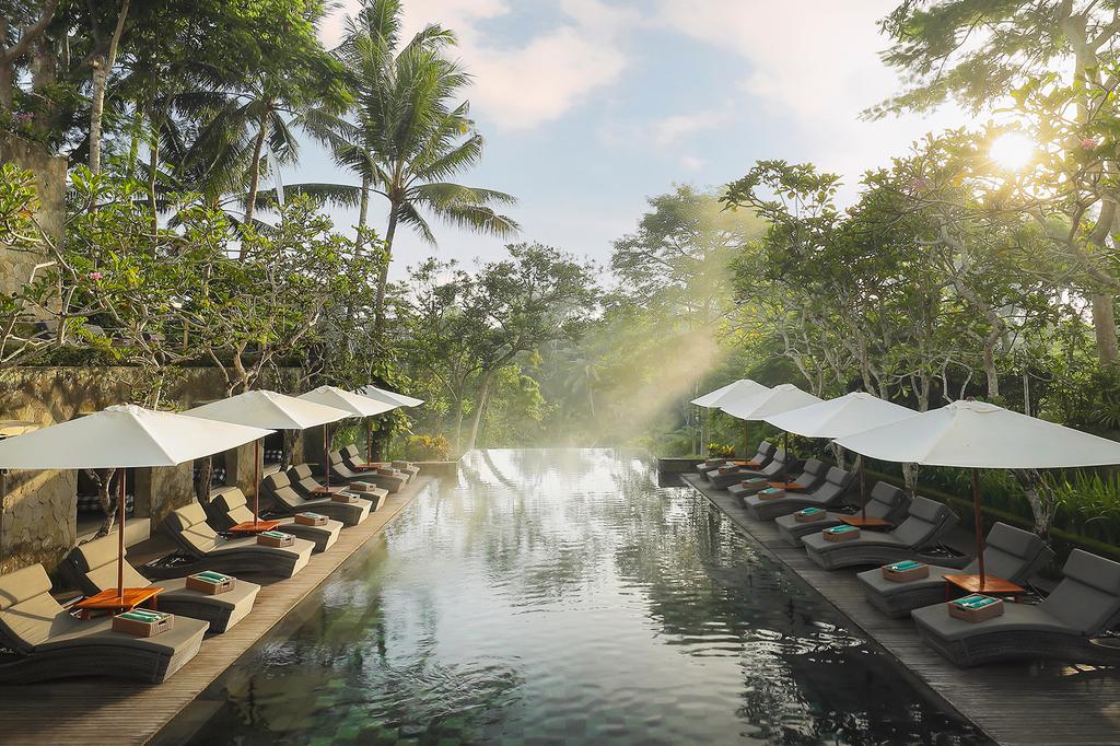 Infinity pool surrounded by lush greenery at a luxury resort in Bali. 