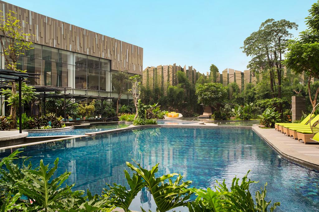 Oasis-like pool at luxurious tropical Indonesian resort.