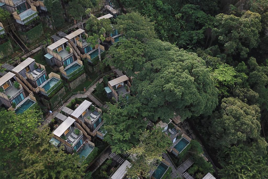 Aerial view of luxurious forest villas near Patong Beach in Phuket.
