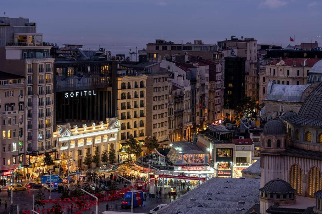 Night view of Sofitel hotel near Taksim Square in Istanbul.