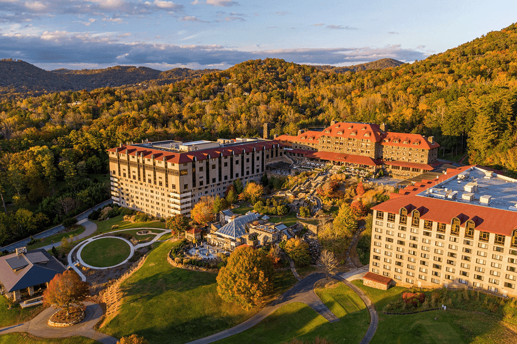 Historic resort in Asheville with a backdrop of the Blue Ridge Mountains.