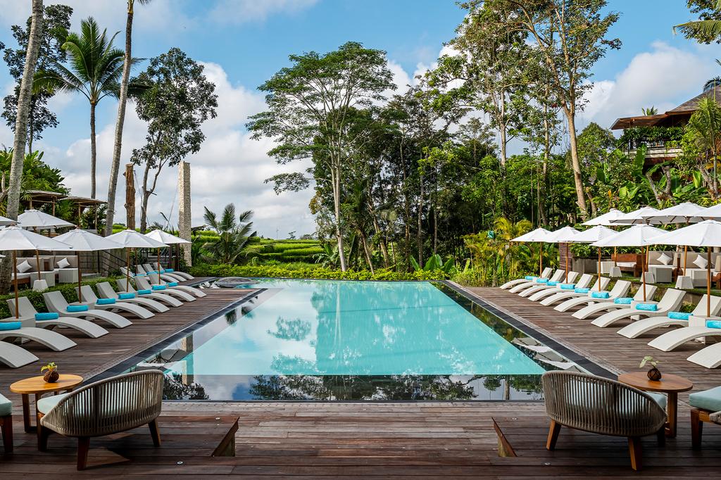 Luxurious poolside setting in Ubud surrounded by jungle greenery.