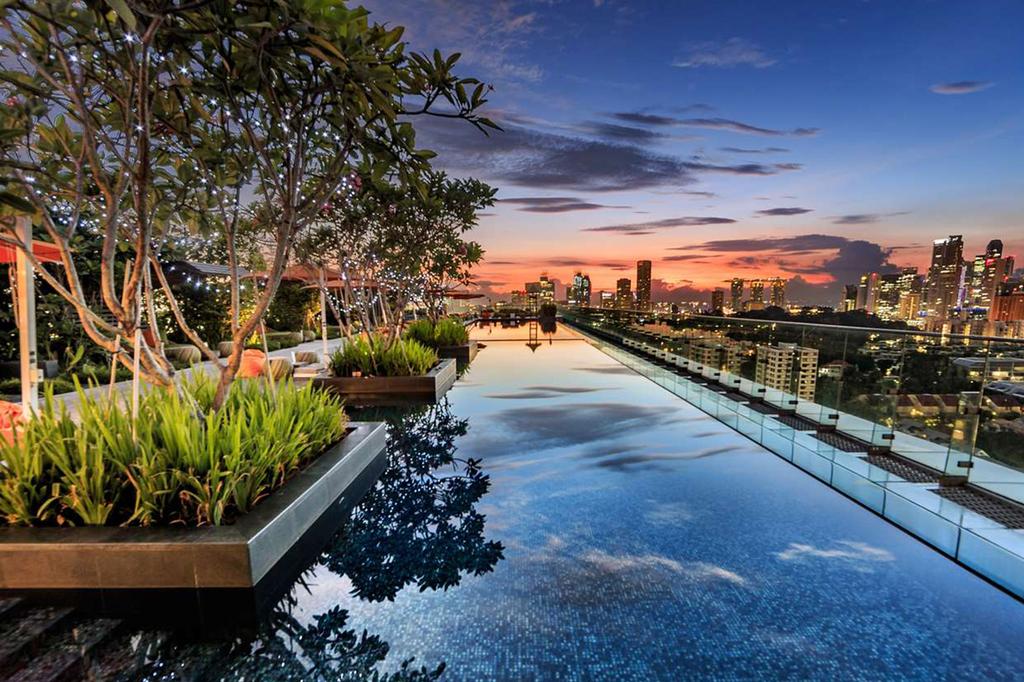 Rooftop infinity pool with cityscape view at sunset in Singapore.