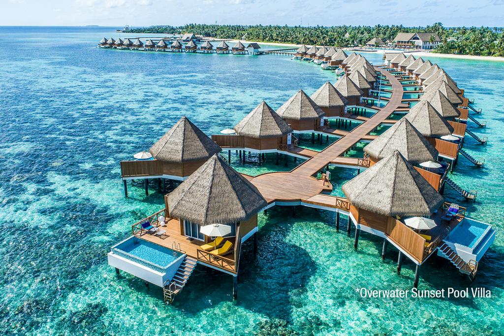 Overwater villas at Mercure Maldives Kooddoo Resort in vivid blue ocean.
