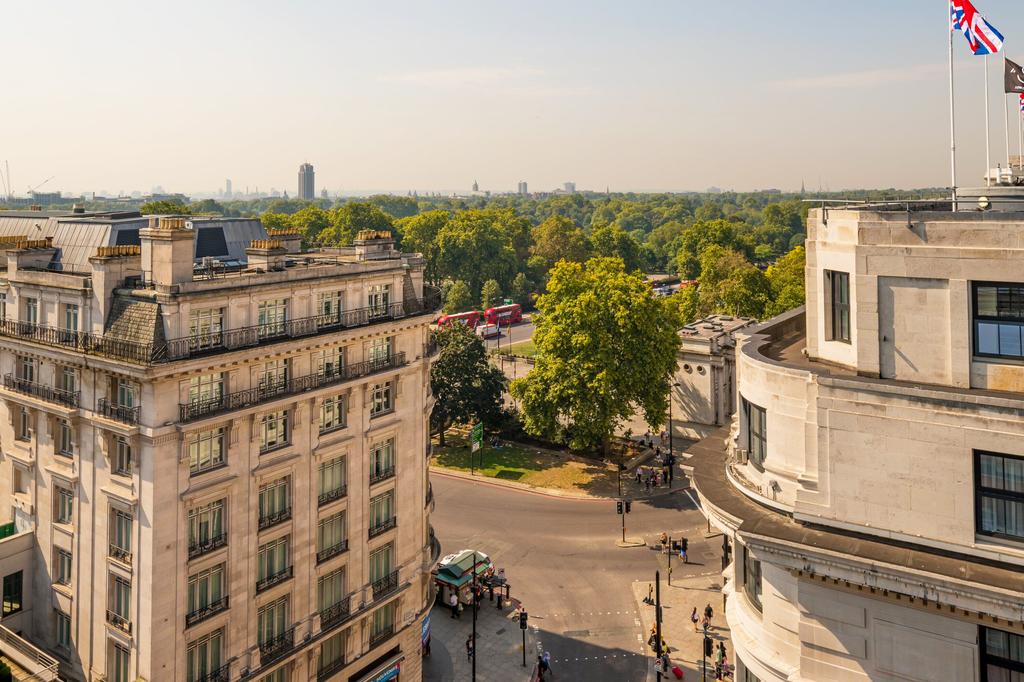 Aerial view of central London buildings near Hyde Park.