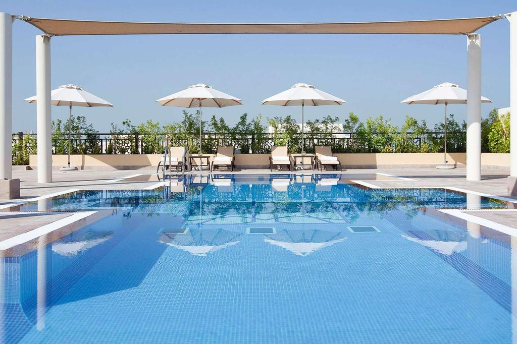 Rooftop pool at a luxurious hotel near Dubai airport.