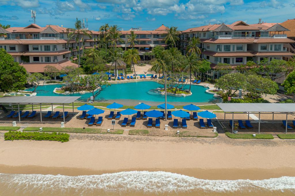 Aerial view of Hotel Nikko Bali Benoa Beach resort with lagoon pool in Nusa Dua.