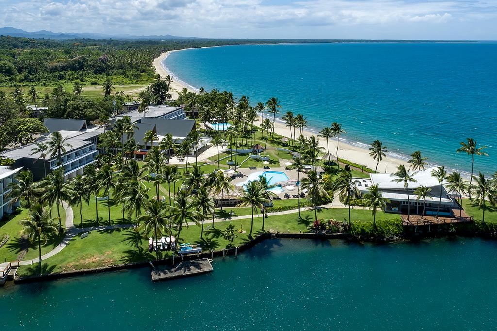 Aerial view of The Pearl Resort & Spa Fiji with lagoon pools.