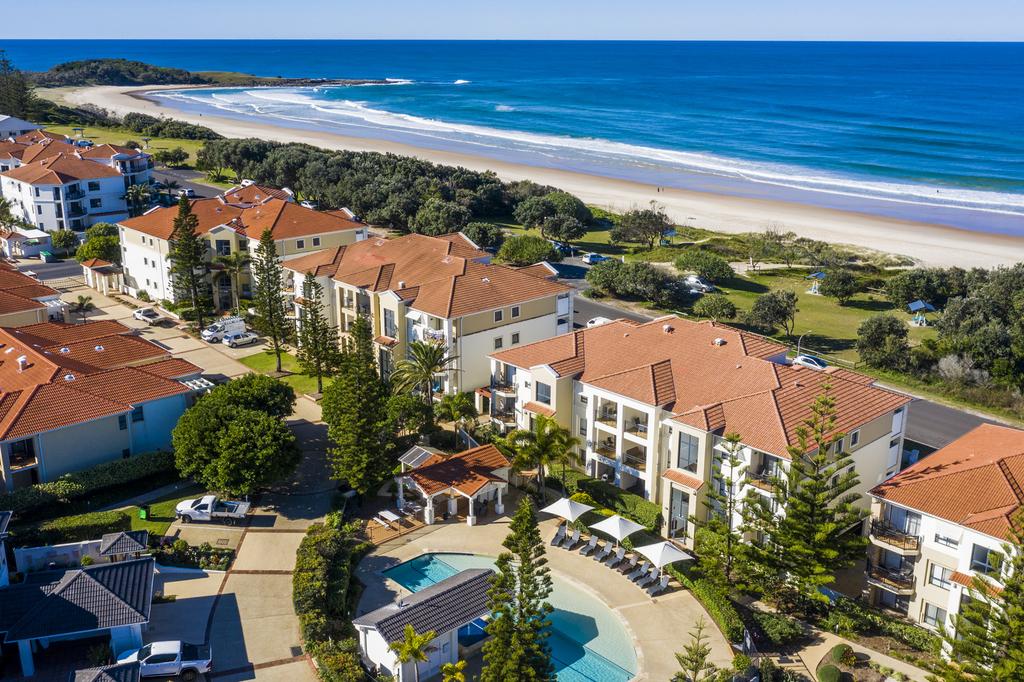 View of The Sands Resort at Yamba with ocean backdrop. 