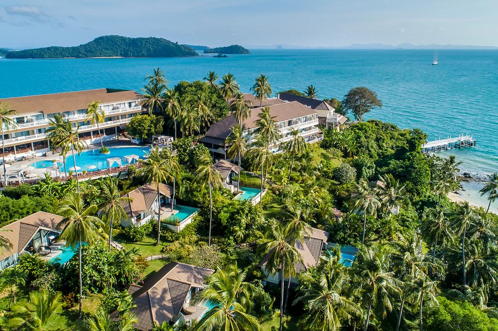 Aerial view of Cape Panwa Hotel beachfront resort in Phuket.