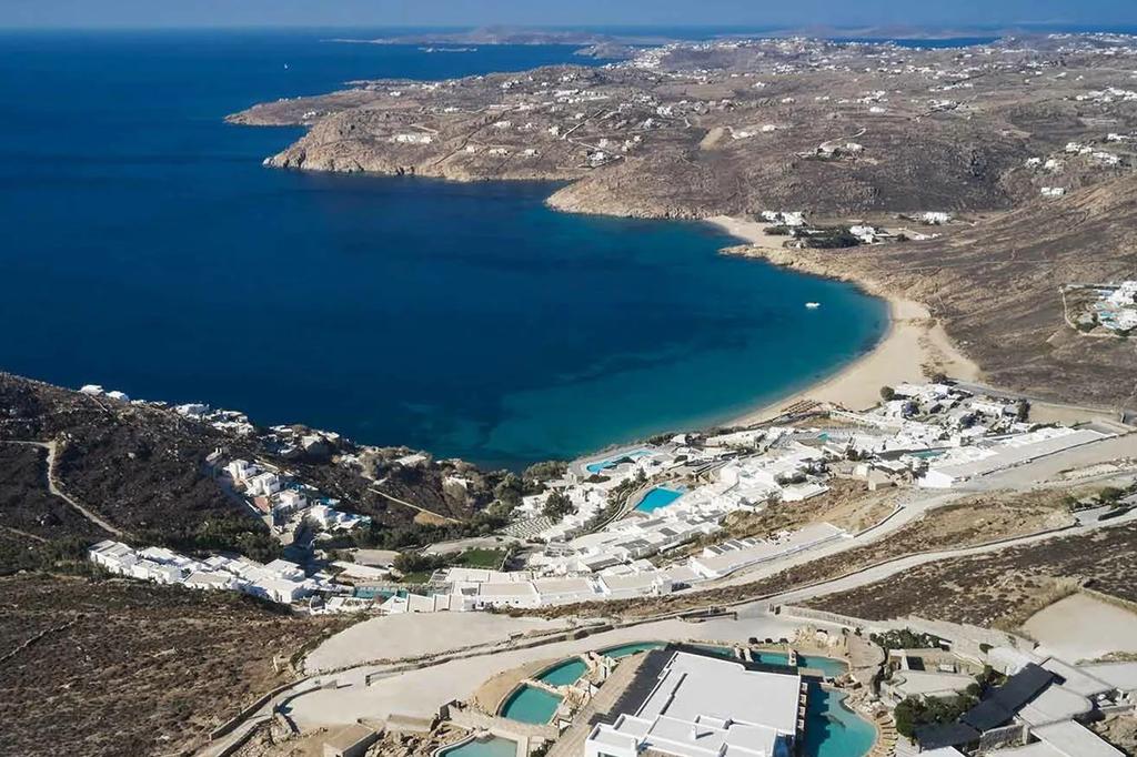 Aerial view of Myconian Panoptis Escape near Elia Beach, Mykonos.