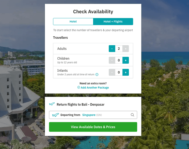 Add your number of travellers and select your departure airport