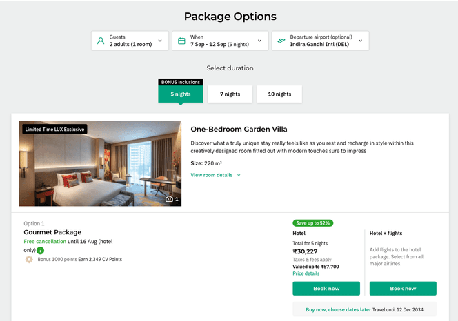 Choose your package options and select 'Book now'