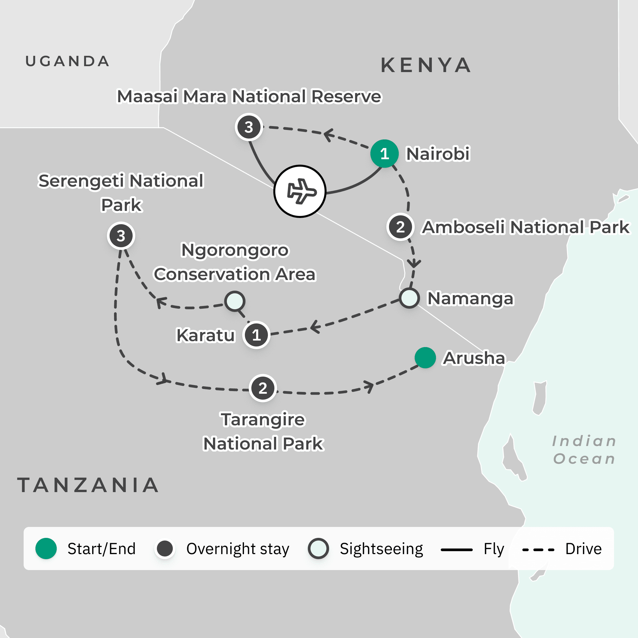 Deluxe 13-Day Kenya & Tanzania Great Migration Safari with Maasai Mara, Serengeti & Tarangire National Parks route map