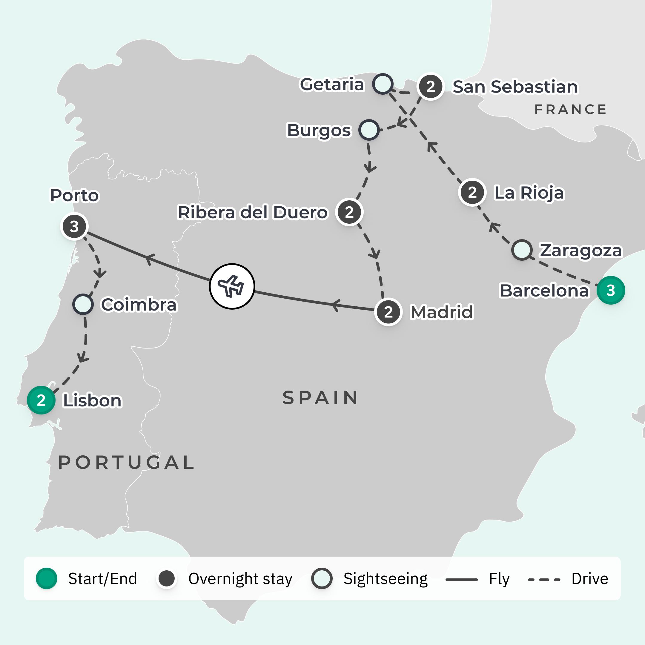 Signature Series: Exclusive 12-Day Spain Foodie Tour with Matt Preston & Gary Mehigan + 6-Day Portugal Highlights route map