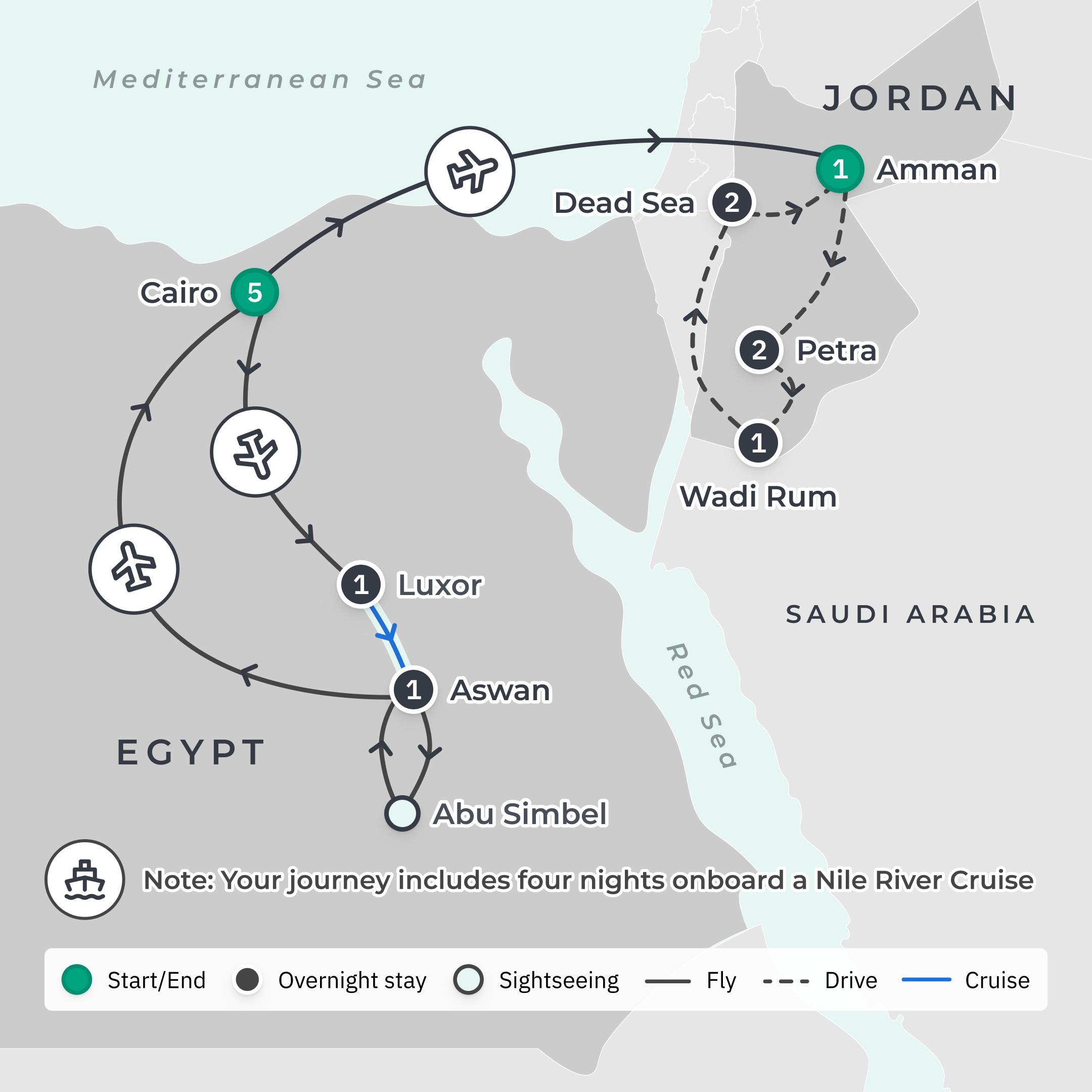 Premium 18-Day Egypt & Jordan Opulence 2027 with Abu Simbel, Petra & Wadi Rum Glamping route map