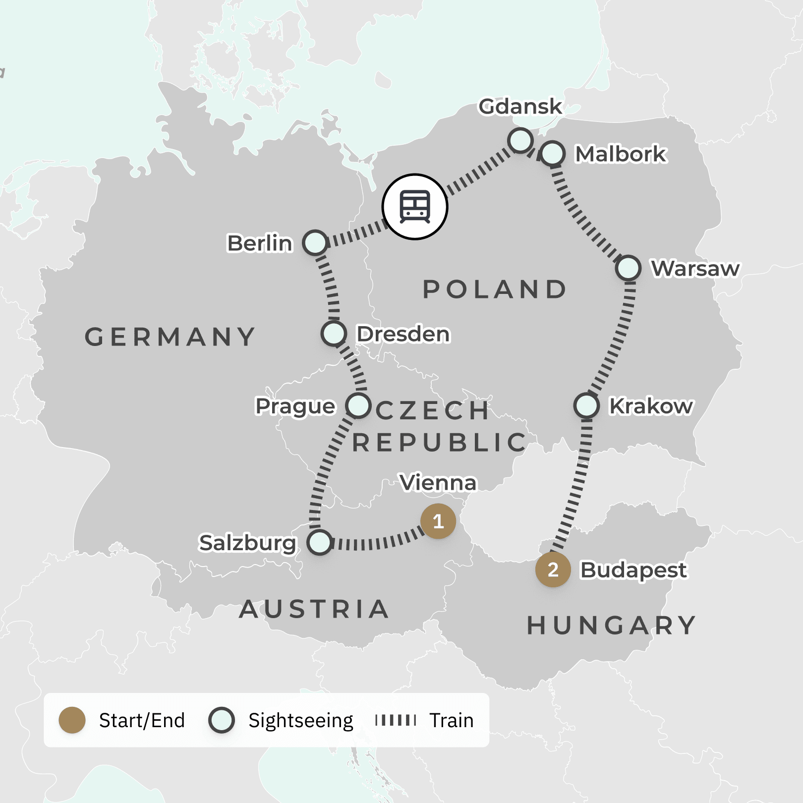 Eastern Europe Ultra Lux Golden Eagle Rail Journey with Private Concerts & Exclusive Off-Train Experiences route map