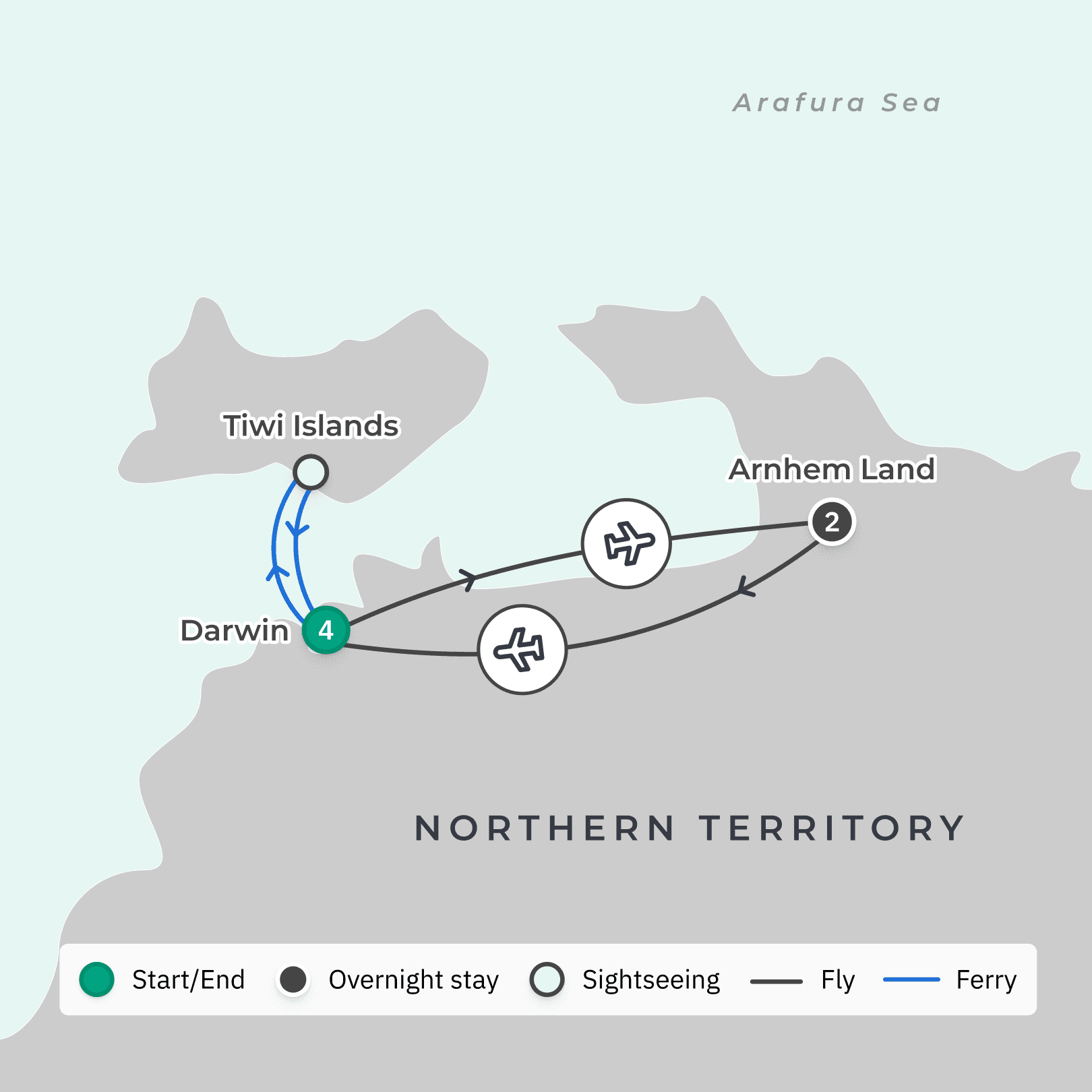 Deluxe 7-Day Arnhem Land & Tiwi Islands Outback Adventure with Darwin Visit route map