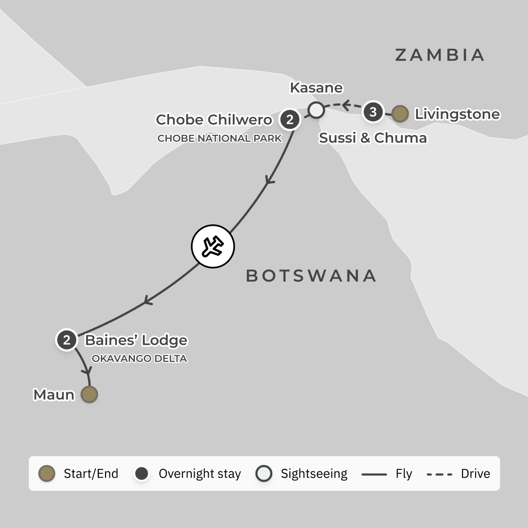 Ultra Lux 8-Day Zambia & Botswana 2026 Private Safari with A&K Sanctuary Stays & Chobe National Park route map