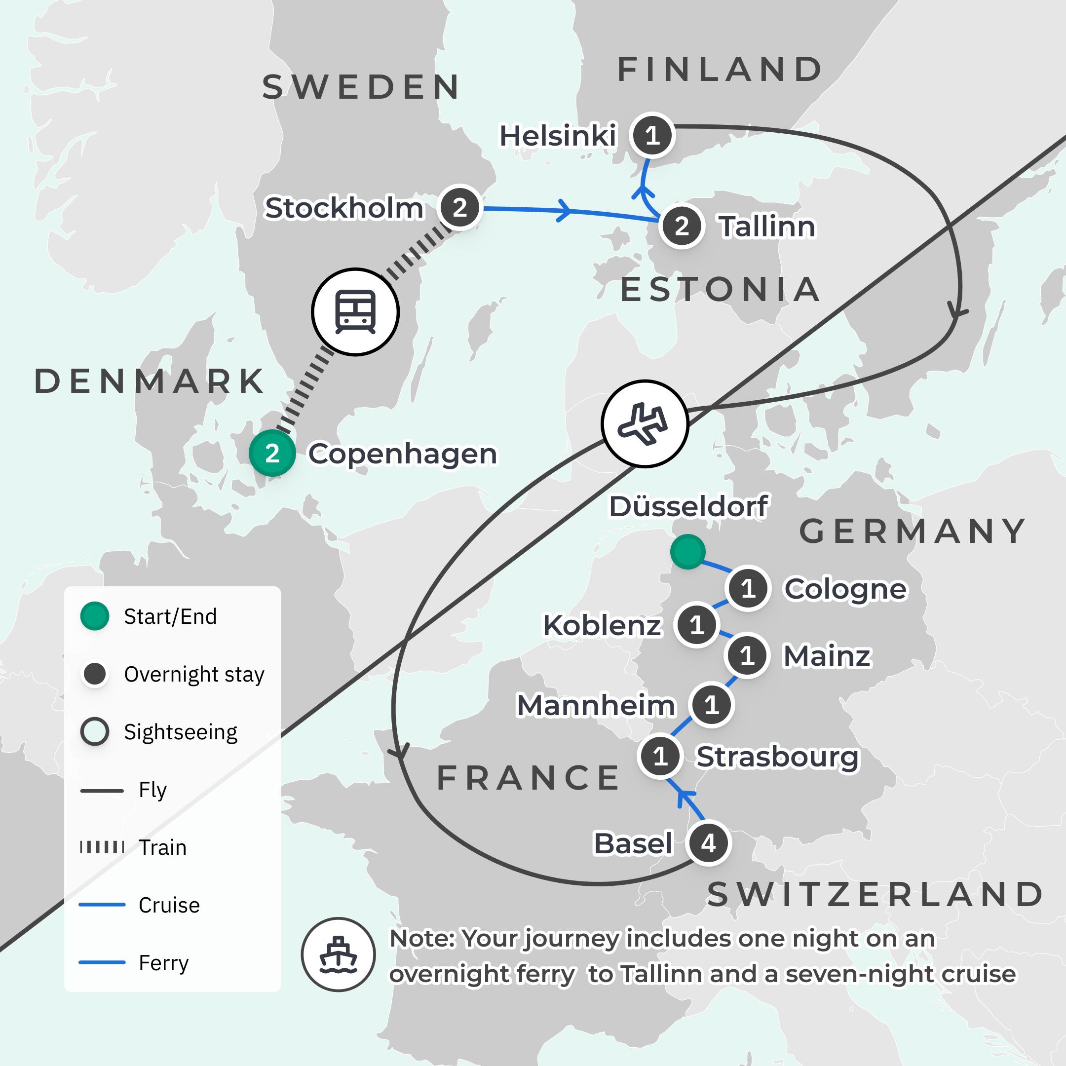 Limited Time Offer: 9-Day Northern Europe Christmas Markets + 2-Night Basel Stay + 7-Night Christmas Rhine River Cruise route map
