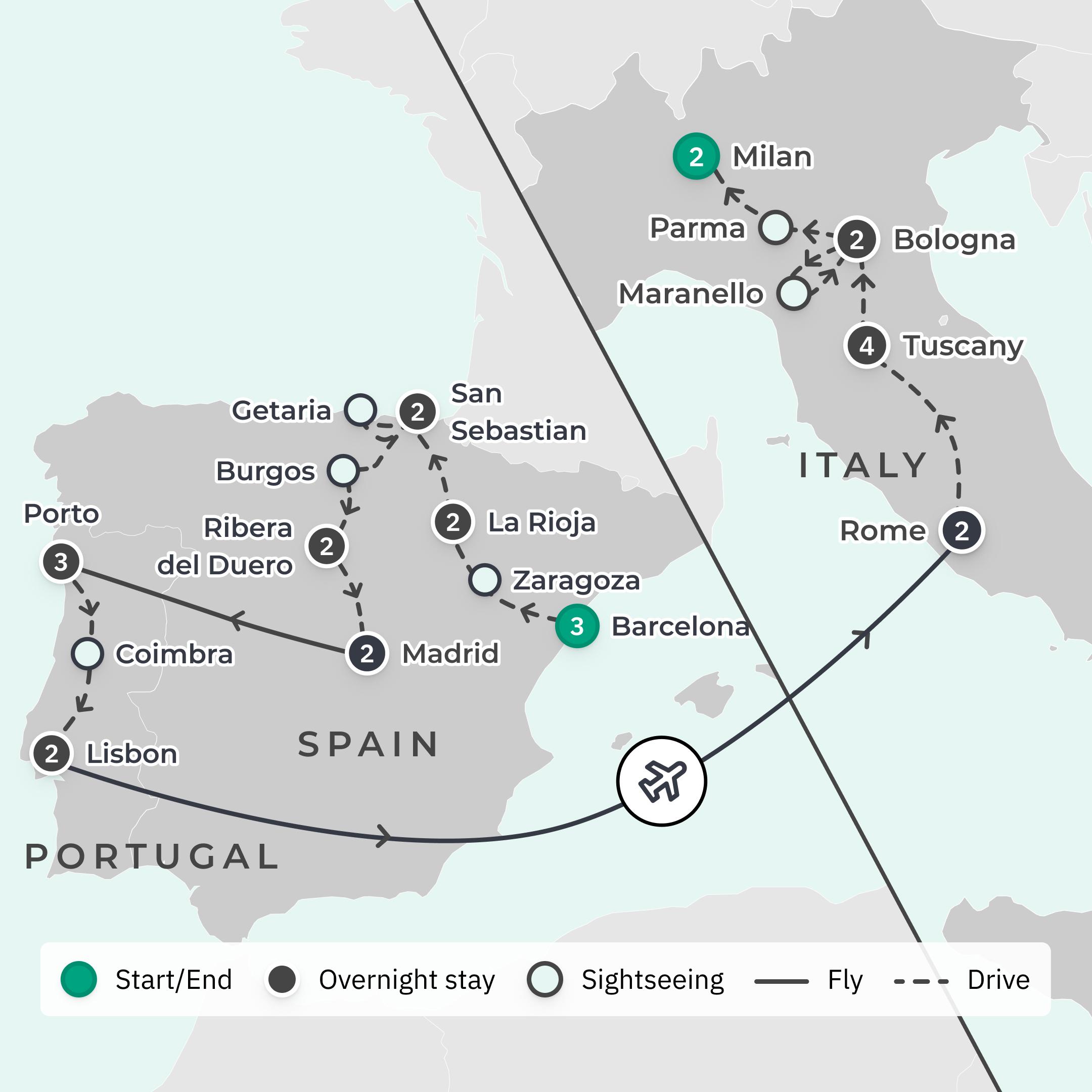 Signature Series Limited Time Offer: 27-Day Spain, Portugal and Italy Exclusive Foodie Tour with Matt Preston & Gary Mehigan route map