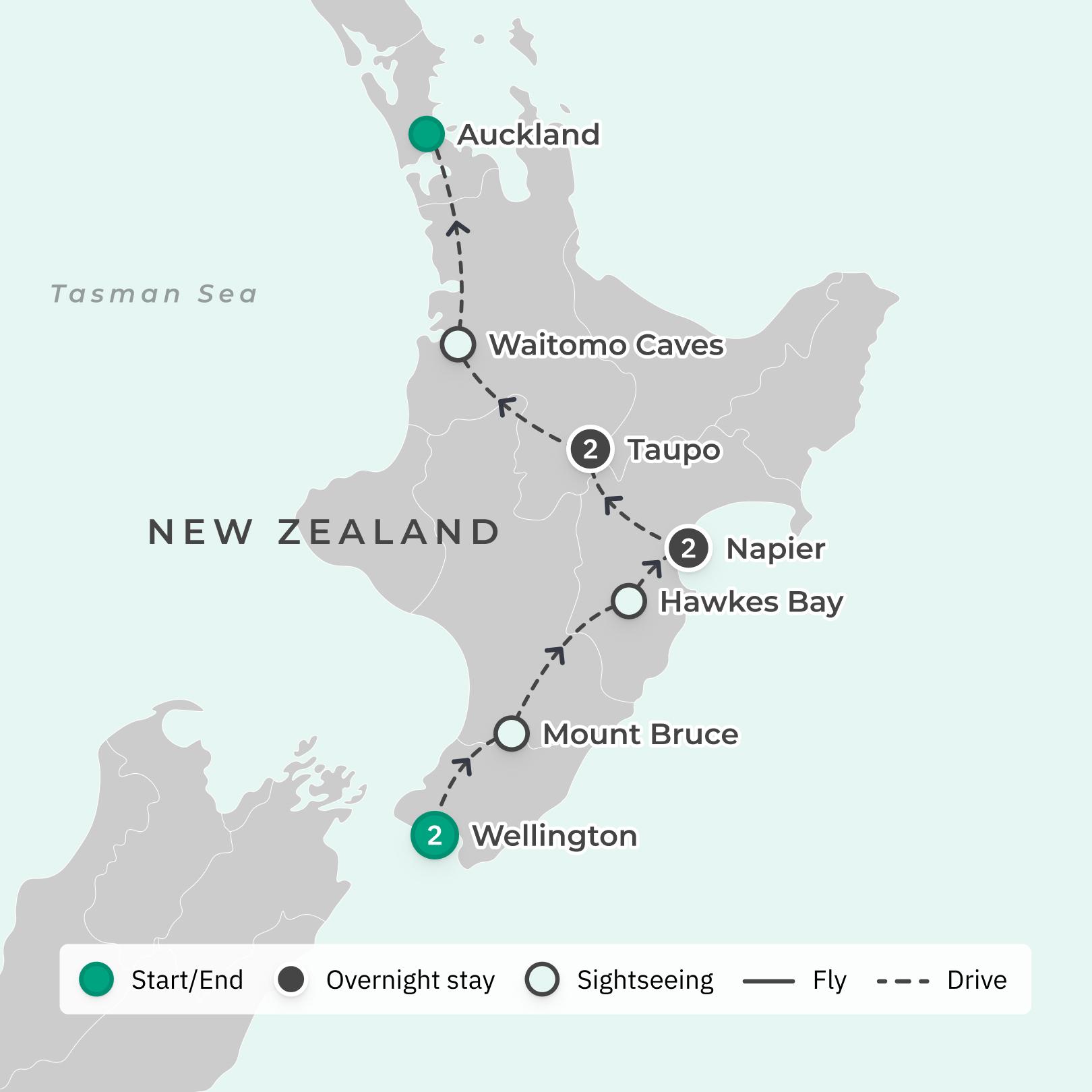 New Zealand North Island 2024 Self-Drive Tour with Glowworm Caves, Mission Estate Winery Dinner & Taupo Outdoor Adventure route map