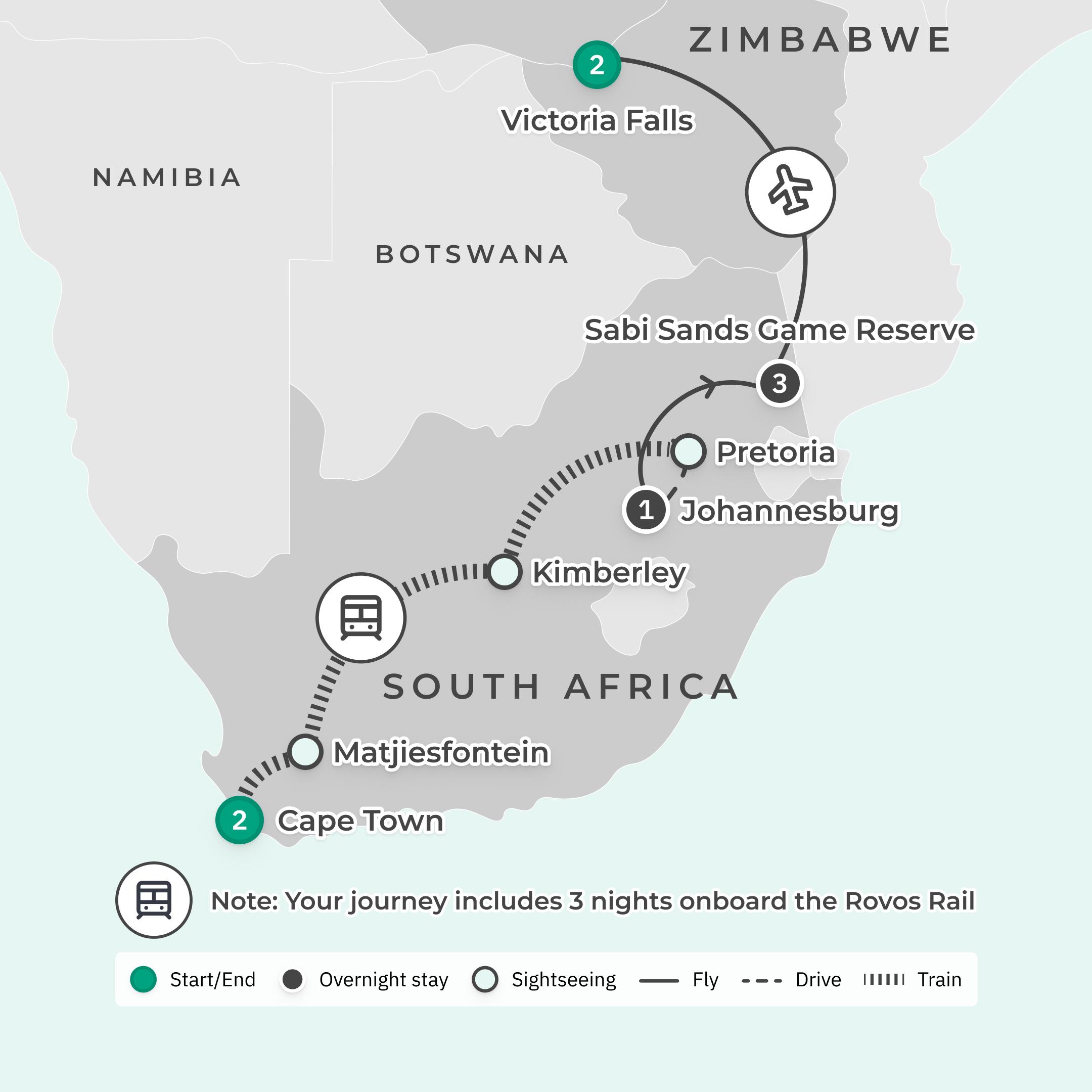 Ultra Lux 12-Day Private South Africa Safari with Rovos Rail Journey, All-Inclusive Dulini Lodge & Victoria Falls route map
