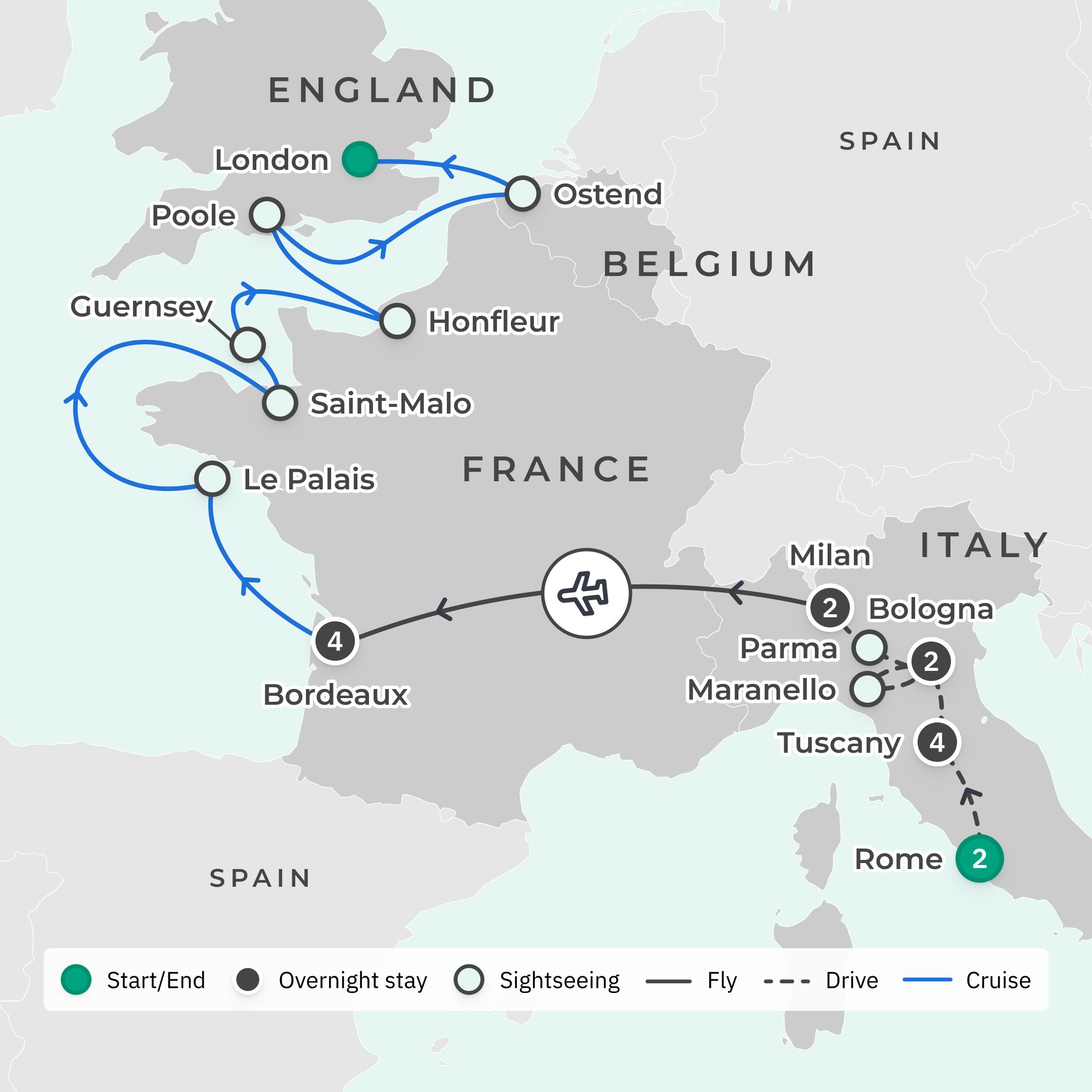 Limited Time Offer: 11-Day Italy Foodie Insider Series Tour + 4-Night Bordeaux Stay + 11-Night All-Inclusive Scenic Cruise route map