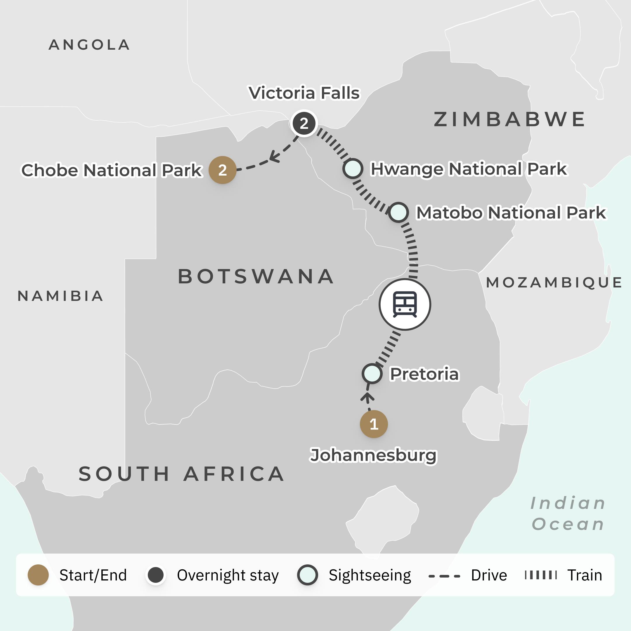 Ultra Lux 10-Day Rovos Rail Journey through South Africa, Zimbabwe & Botswana with Chobe Game Lodge & River Safari route map
