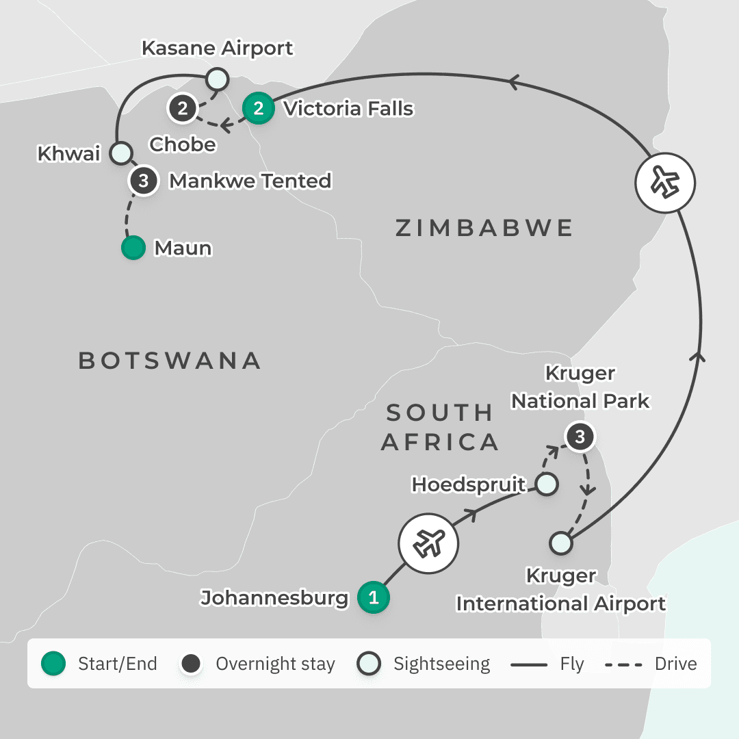  Limited Time Offer: 9-Day Southern Africa Safari + 3-Night All-Inclusive Okavango Delta Glamping Stay  route map