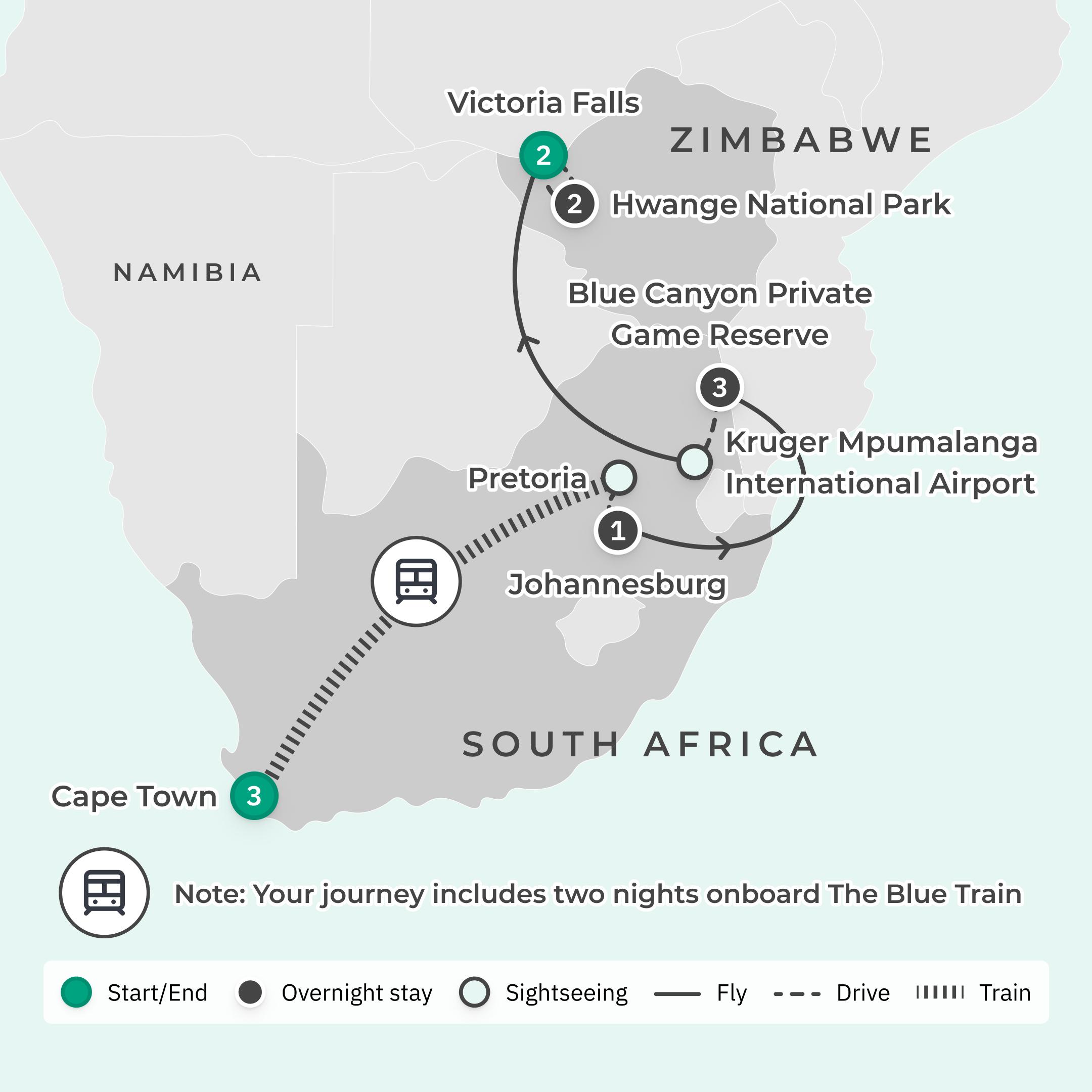 Limited Time Offer: 12-Day South Africa Iconic Blue Train Journey + 2-Night All-Inclusive Hwange Safari Stay route map
