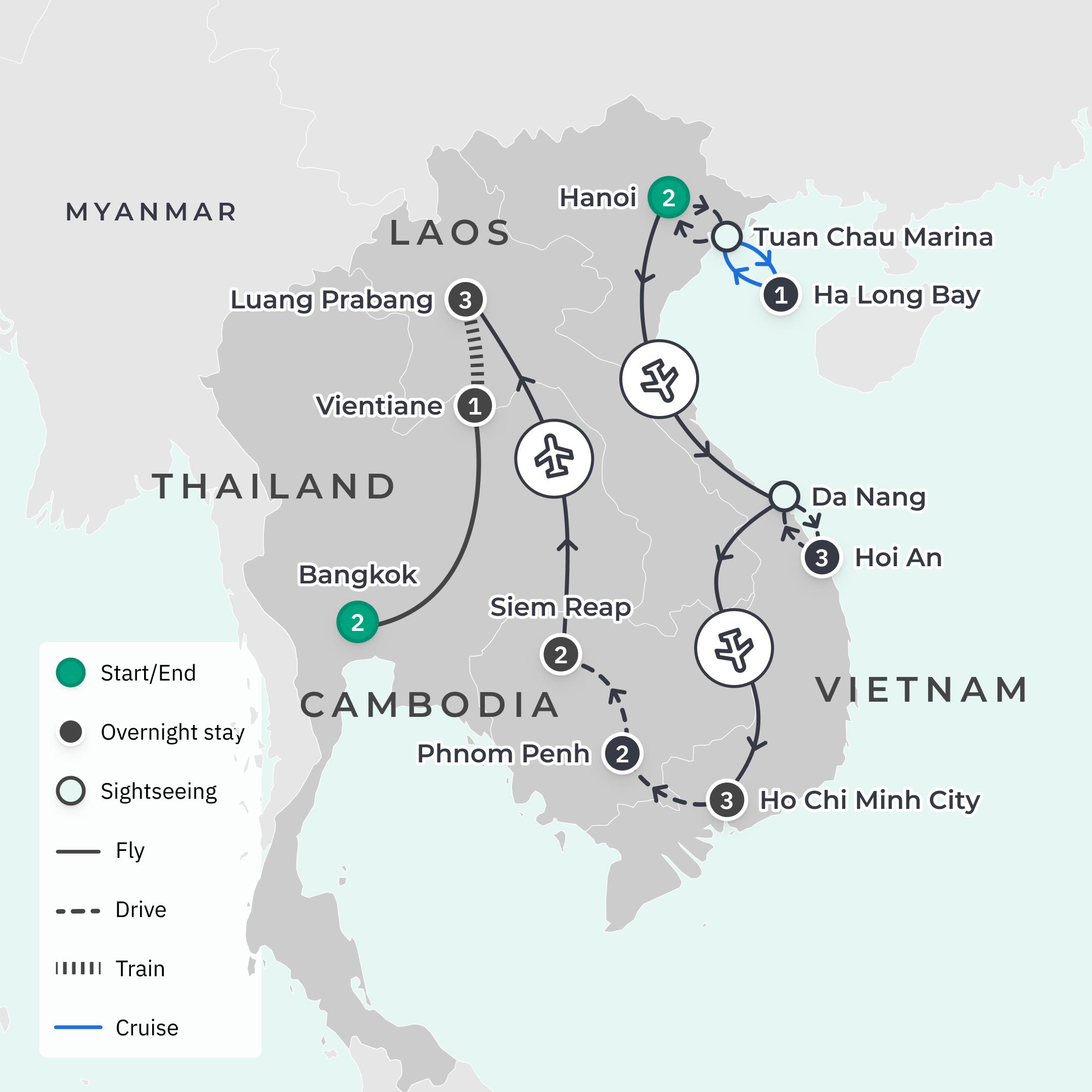 Deluxe 20-Day Vietnam, Cambodia, Laos & Thailand Discovery 2026 with Ha Long Bay, Siem Reap, Luang Prabang & Bangkok route map