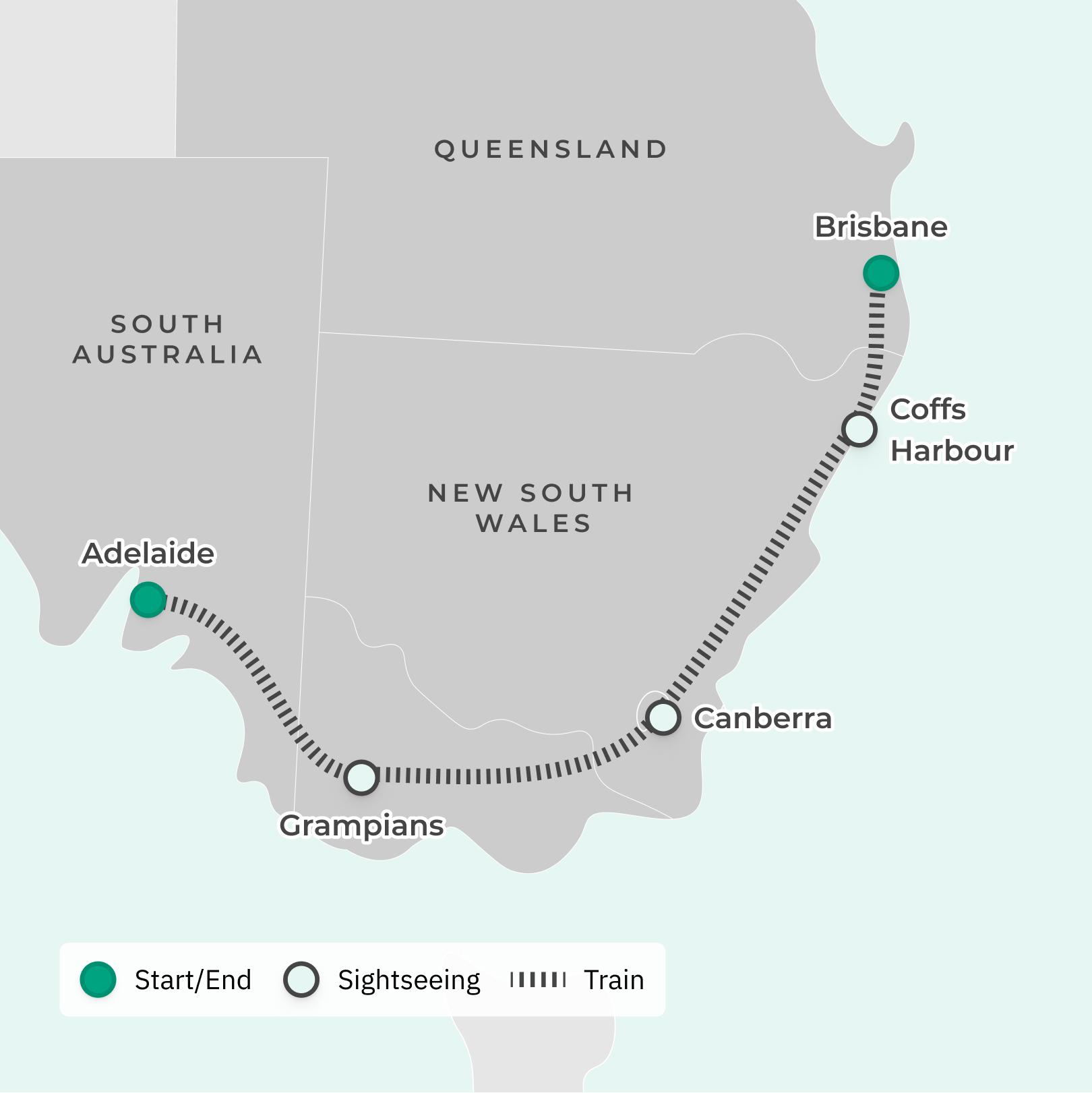 Adelaide — Brisbane All-Inclusive Great Southern Rail Journey with Grampians Off Train Experience, Flight Credit & Bonus Gift route map