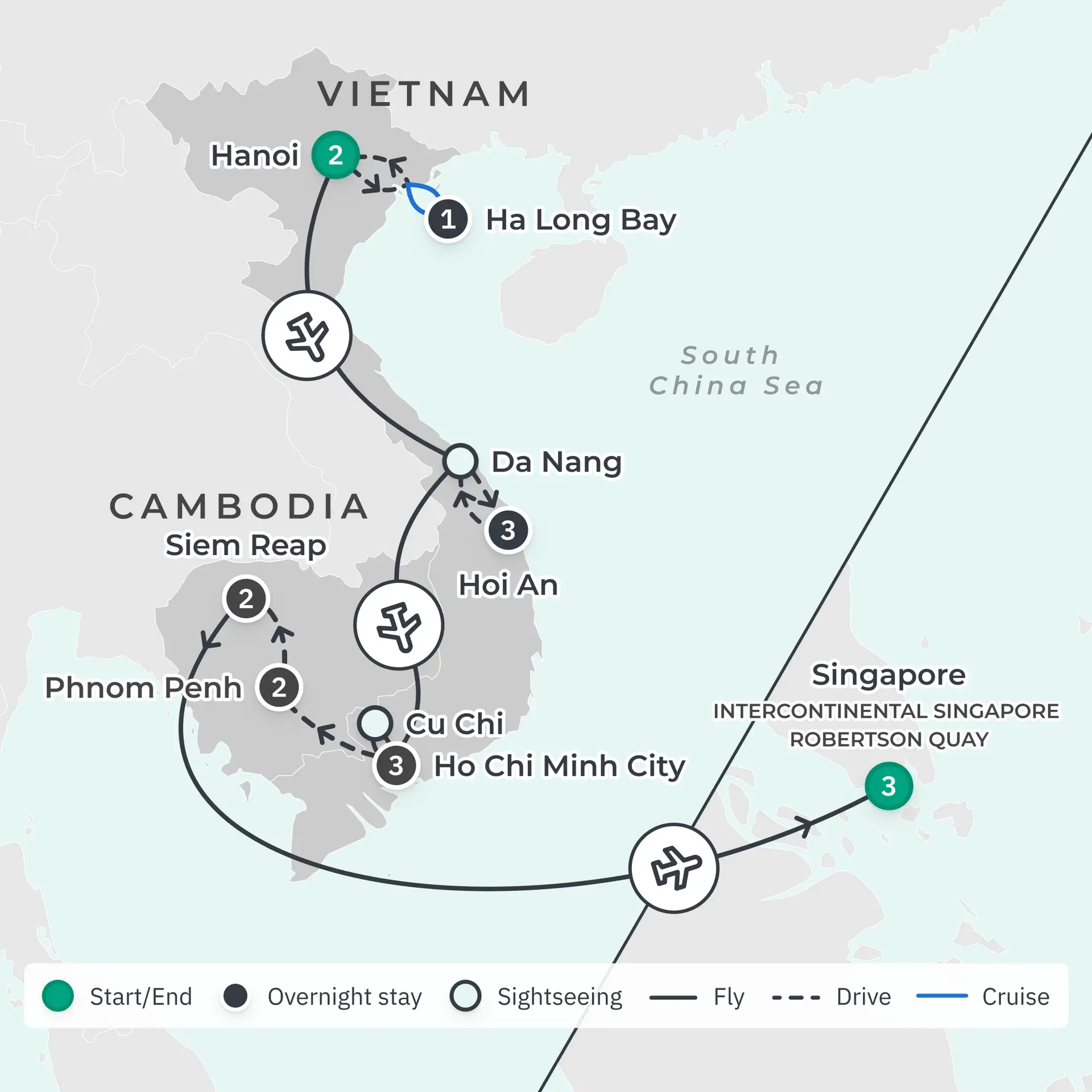 Limited Time Offer: 14-Day Deluxe Vietnam & Cambodia + 3-Night InterContinental Singapore Robertson Quay Stay route map