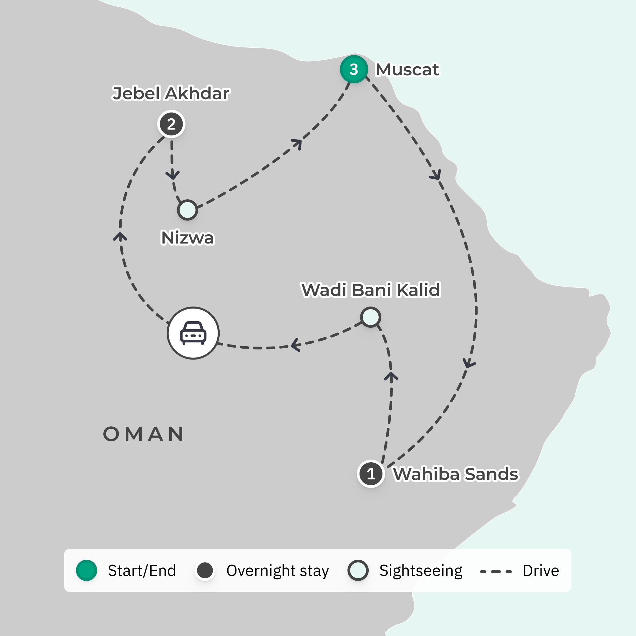 Premium 7-Day Oman Private Desert Discovery with Alila Jabal Akhdar, Muscat & Wahiba Sands route map