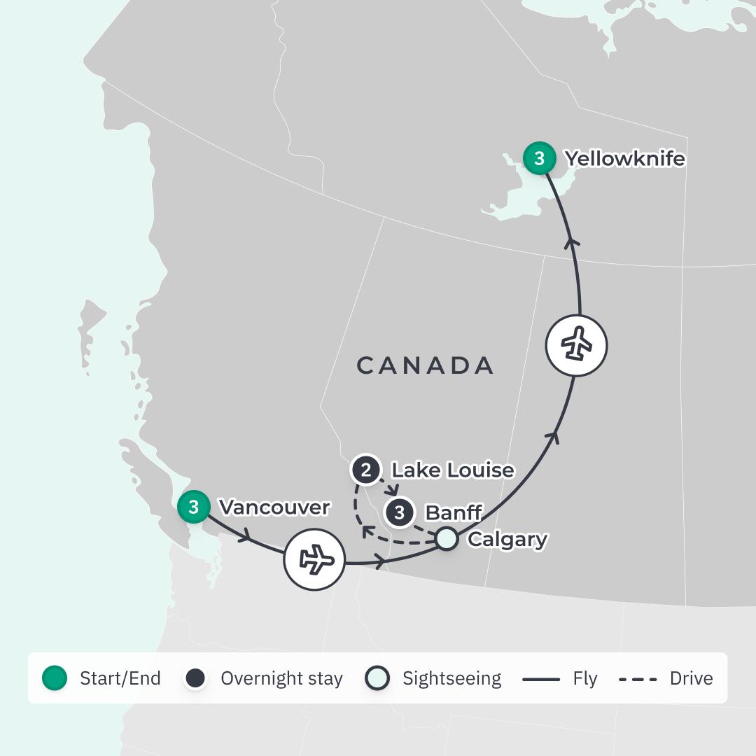 Canada 2023/24 Small-Group Winter Tour with Northern Lights Experience, Rockies Helicopter Flight & Fairmont Chateau Stay route map