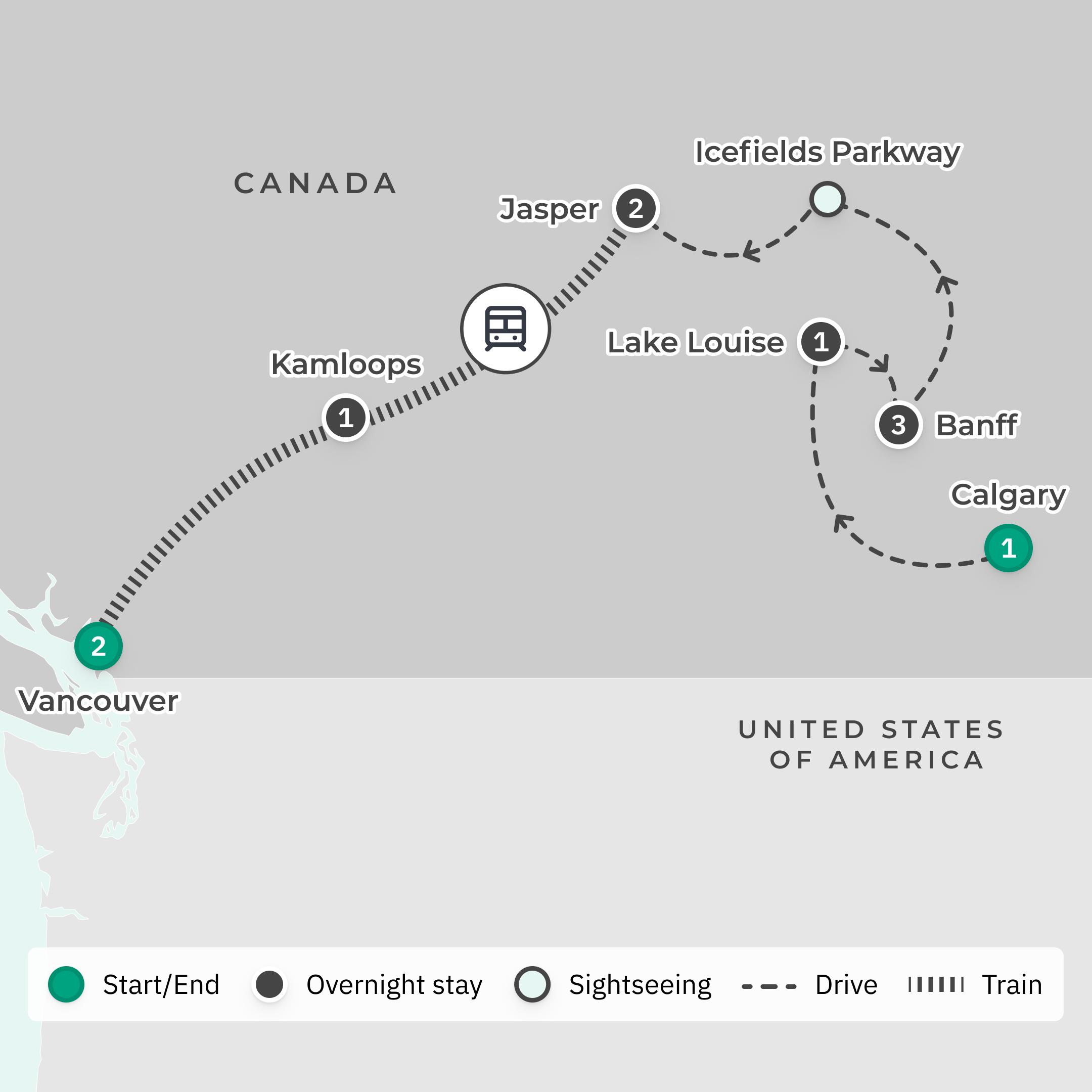 Deluxe 11-Day Canadian Rockies Highlights 2026 with Rocky Mountaineer, Lake Louise & Banff  route map
